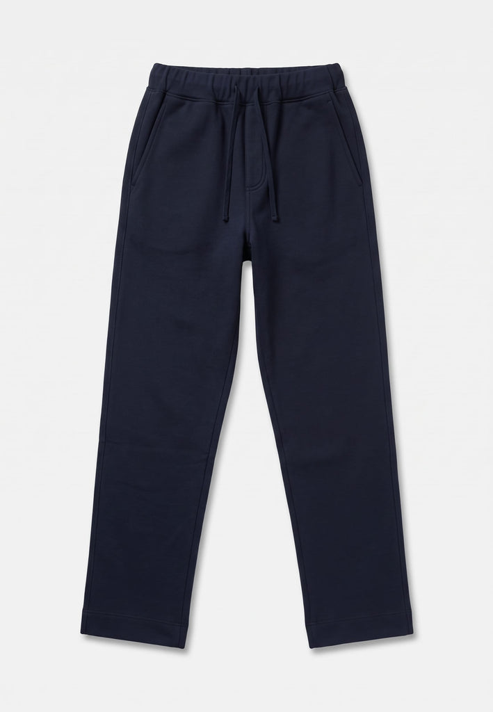 Khai Trousers in navy cotton jersey, relaxed straight-leg drawstring trousers