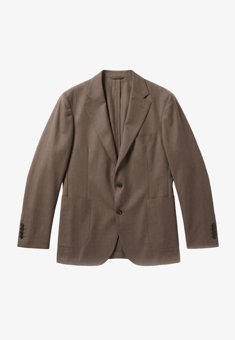 Joseph Blazer in brown wool flannel, single-breasted with notch lapels, two-button closure and patch pockets
