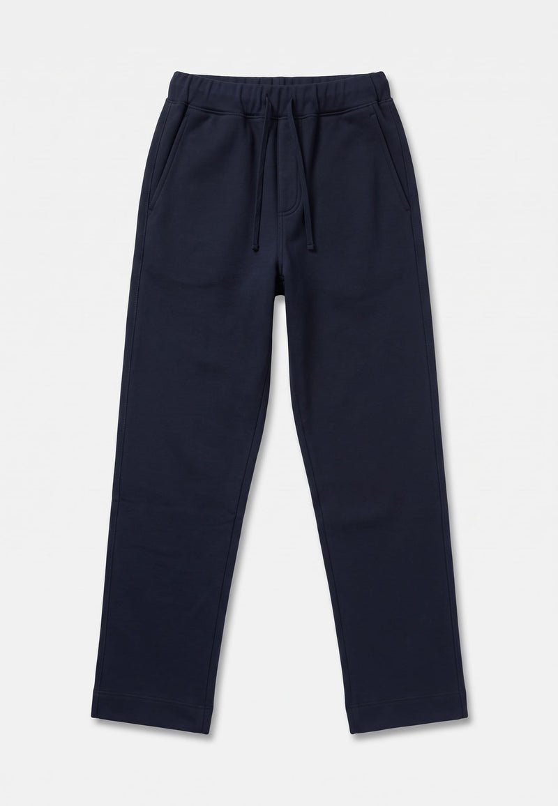 Khai Trousers in navy cotton jersey, relaxed straight-leg drawstring trousers